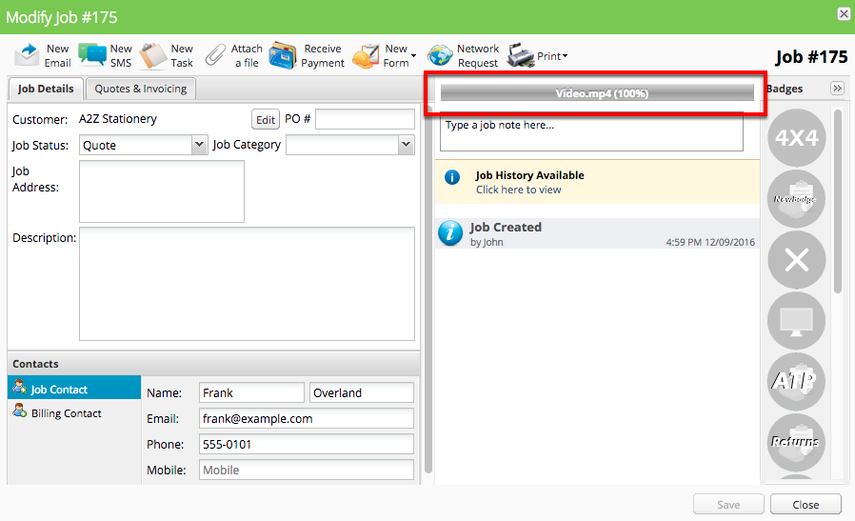 Drop the files onto the job card to start the upload process