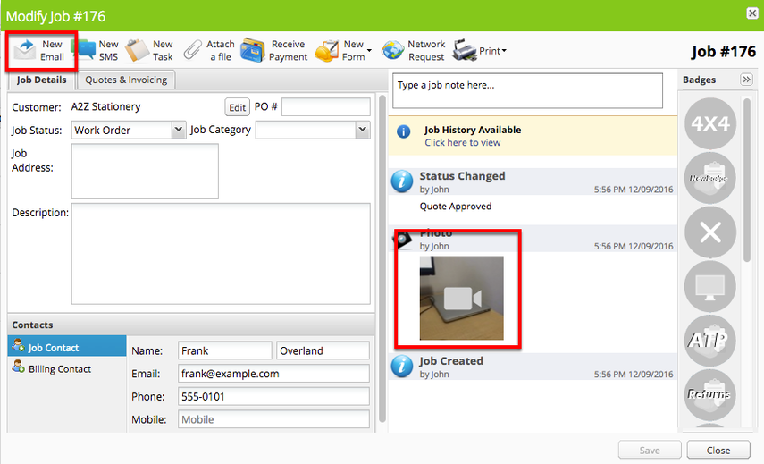 Open the job card which includes the video you want to send, and click New Email