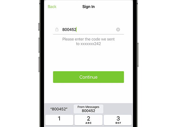 Two-step authentication code entry screen