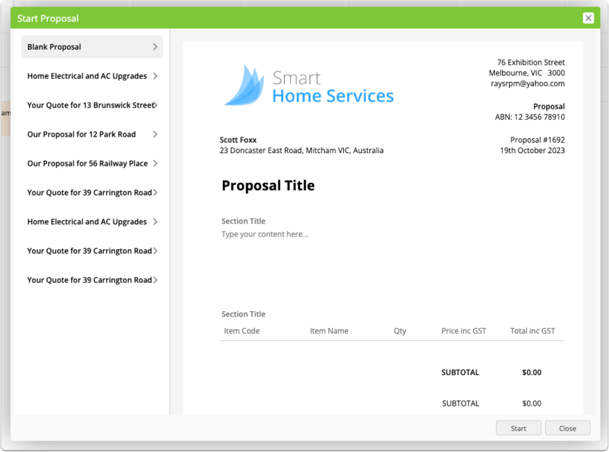 Choosing a proposal starting template