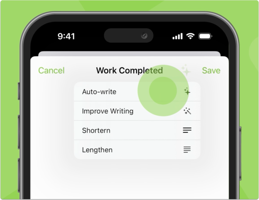Auto-Write drafting Work Completed text