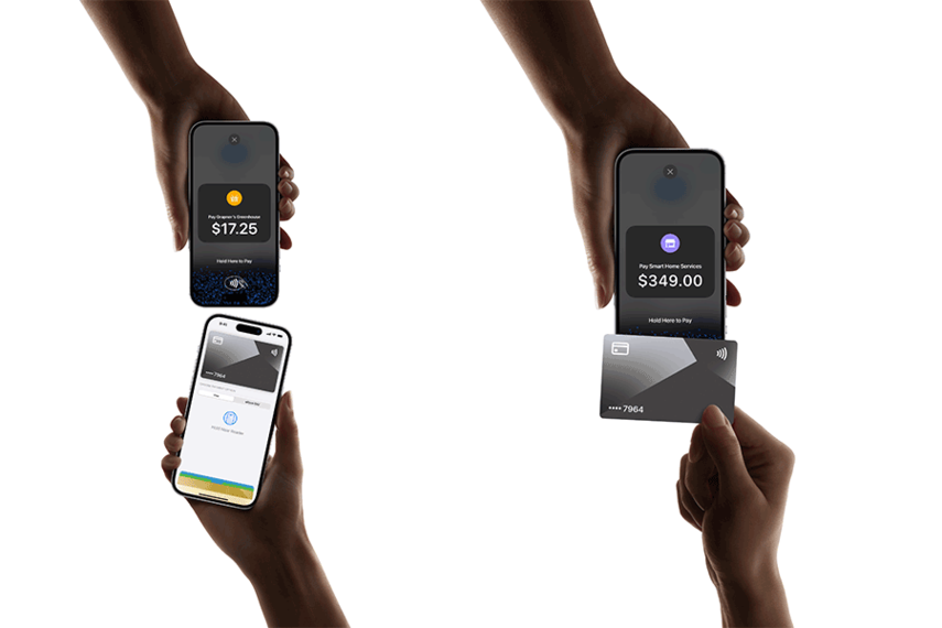 Client holding card over iPhone contactless symbol