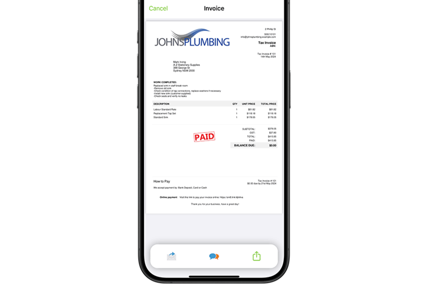 Generated PDF invoice ready to send