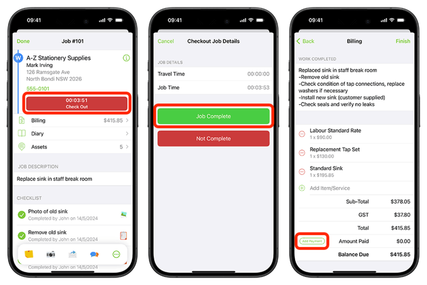 Job checkout billing view with Add Payment