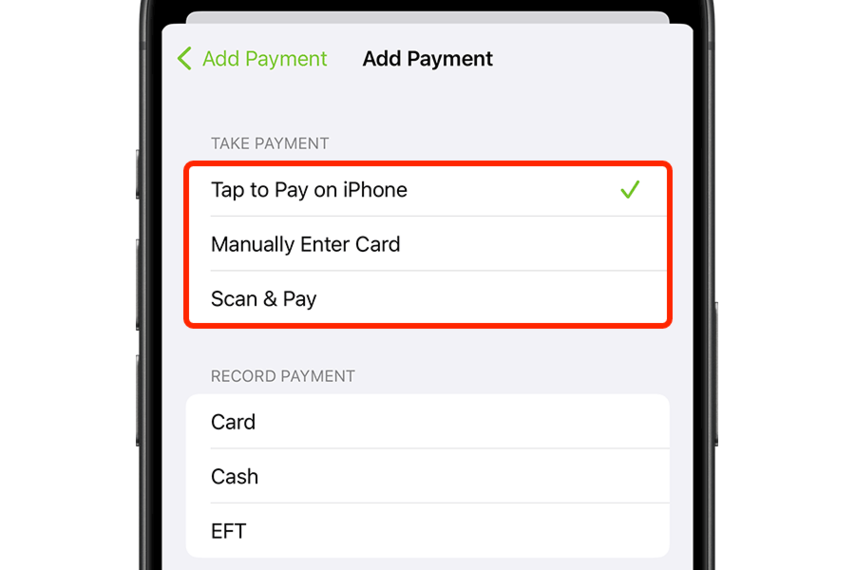 Payment method options in the app