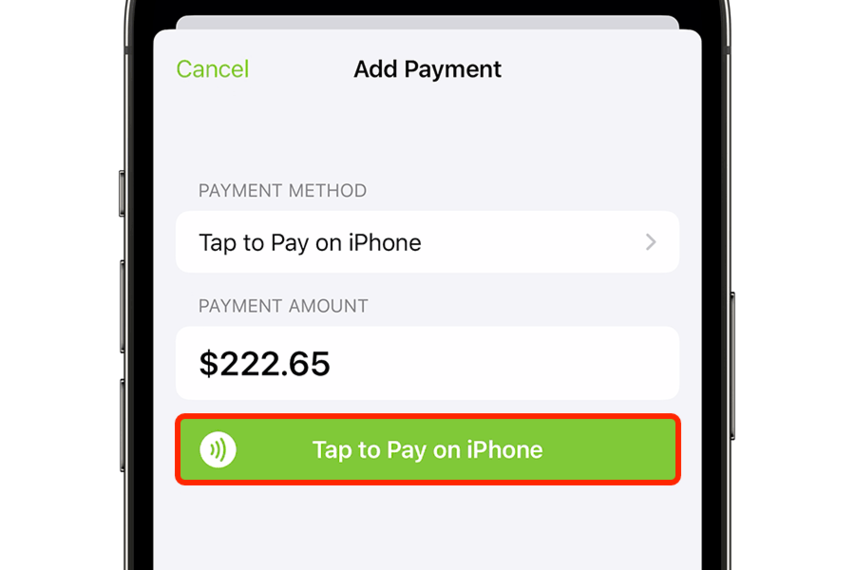 Tap to Pay on iPhone option selected