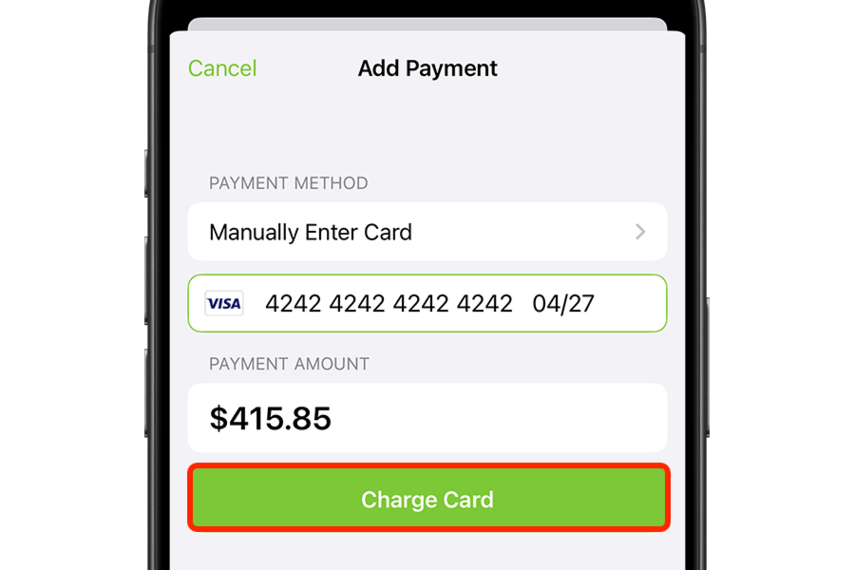 Manual card entry form with details filled