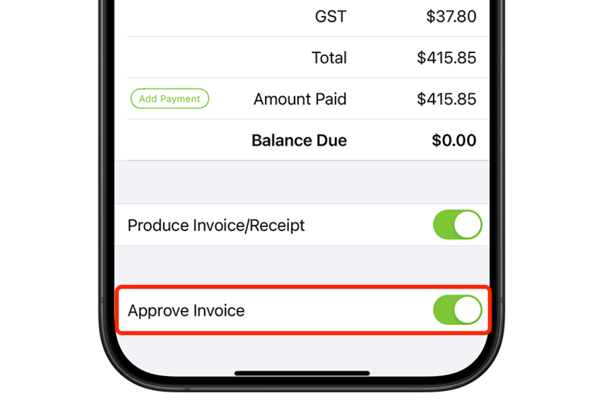 Approve Invoice toggle in billing view