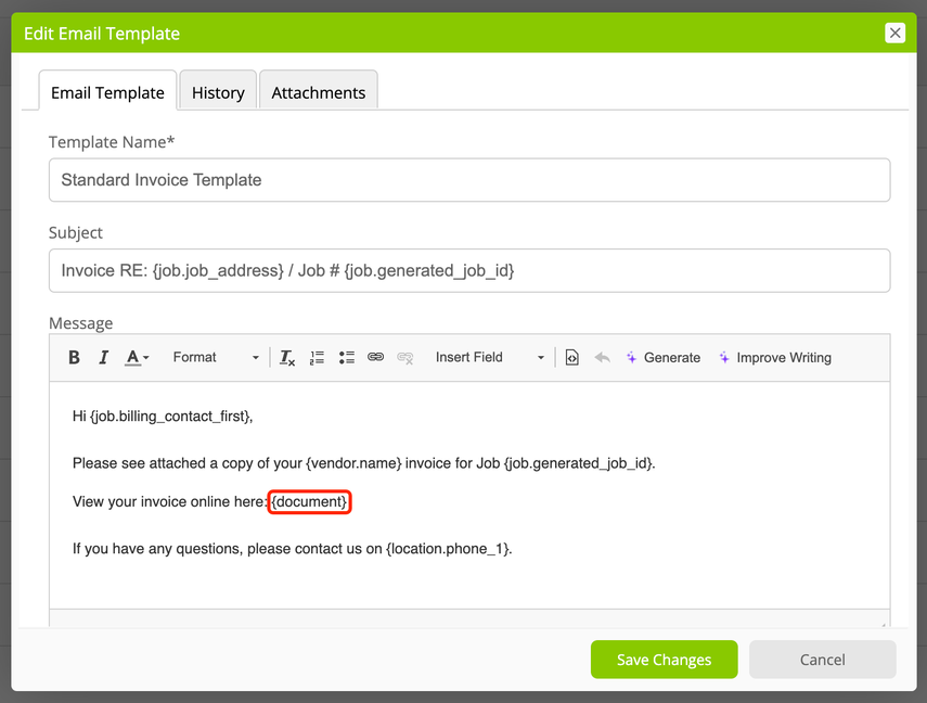 Document merge field in invoice template