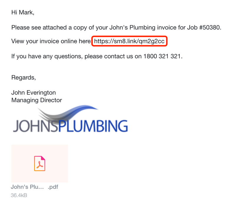 Online invoice link generated from merge field