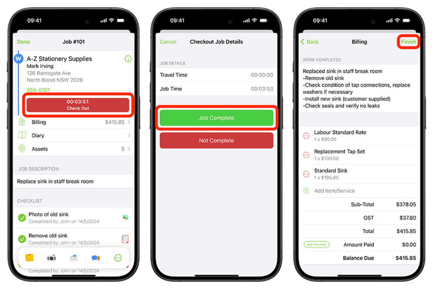 Job checkout and billing process in app