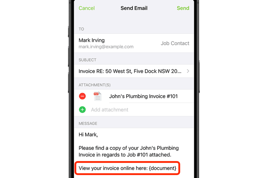 Drafting invoice email in the app
