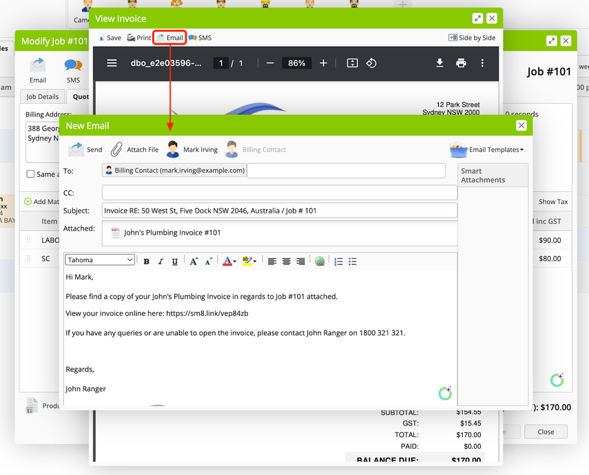 Sending invoice from online dashboard
