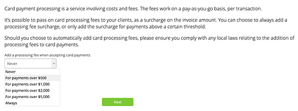 Processing fee surcharge settings