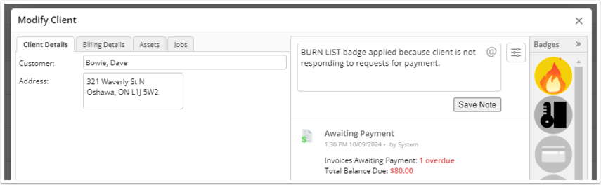 Client card with Burn List badge and explanatory note in job diary