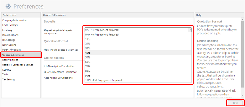 setting a default deposit rule in the quotes and estimates preferences