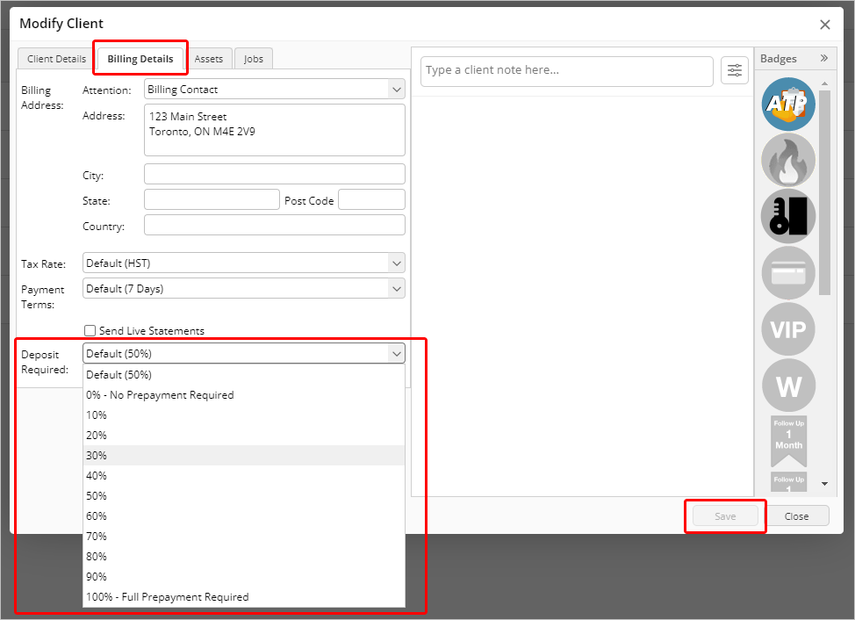 setting custom deposit requirements in the client card on the online dashboard