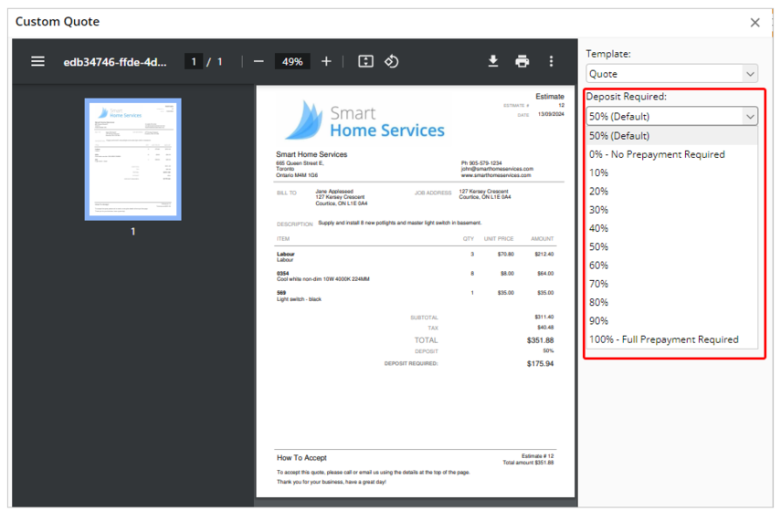 setting a custom deposit requirement for a job