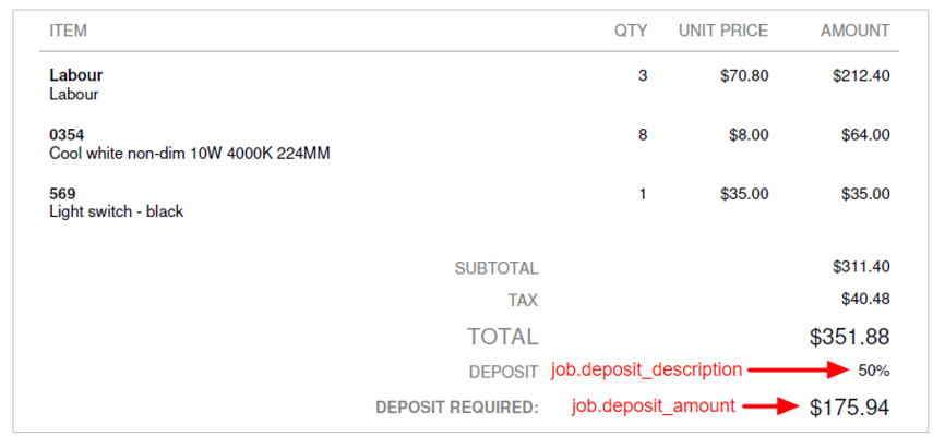 example of how merge fields for deposits will display in a quote template