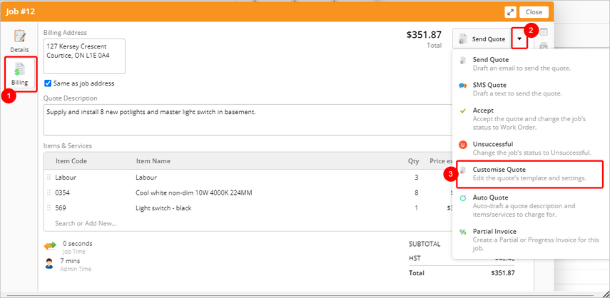 opening "customise quote" from the billing tab of the job card