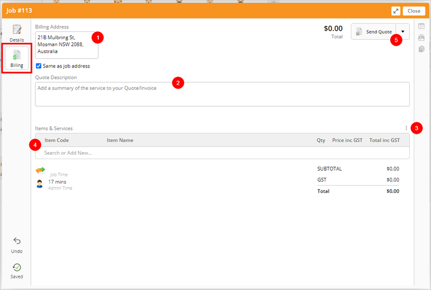 billing tab on job card