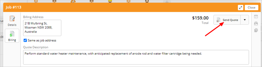 send quote button on billing tab