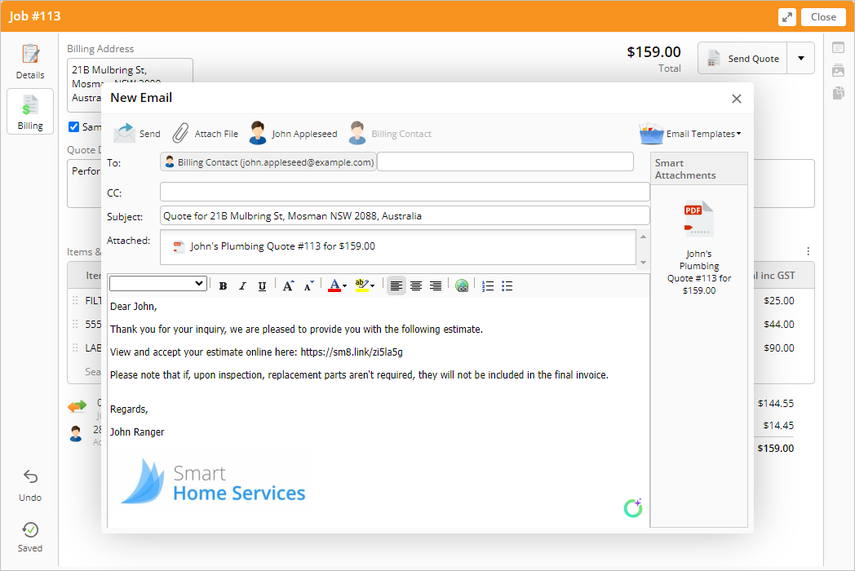 default quote email template with slight modification