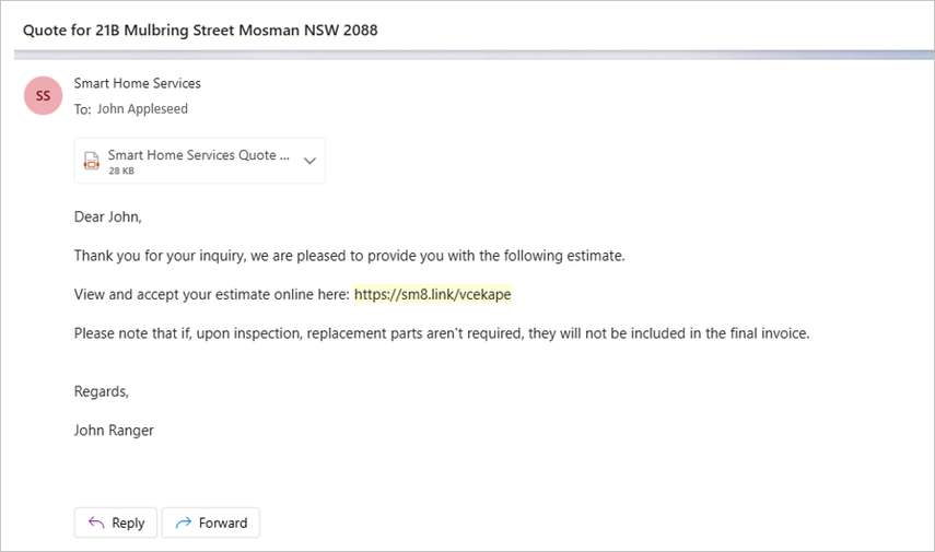 email client receives to accept quote