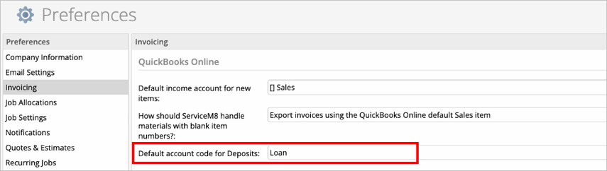 setting the default account code for deposits in QBO