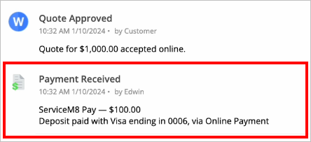 payment received note in job Diary