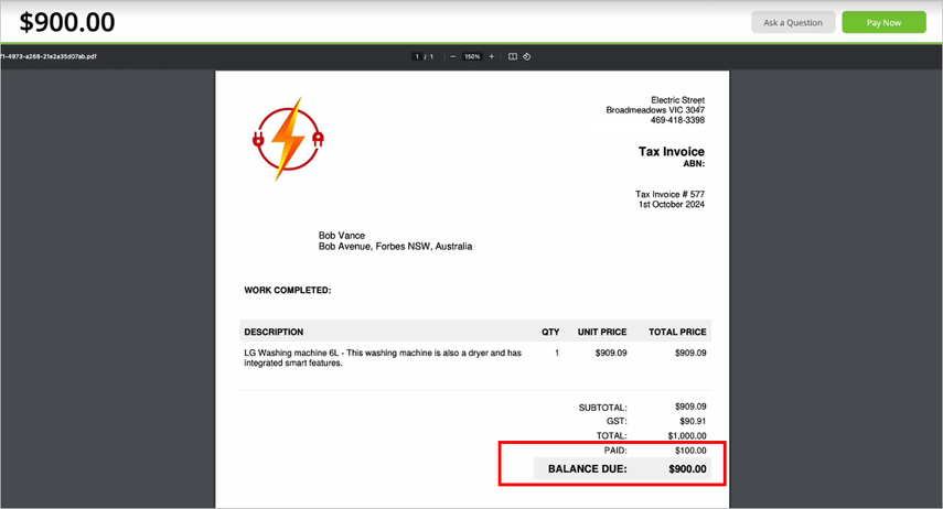 invoice reflecting deposit already paid