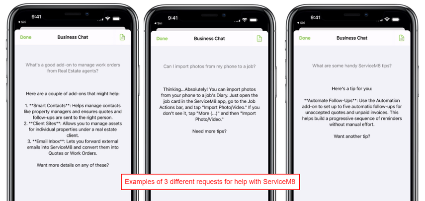 different help requests for ServiceM8 Chat