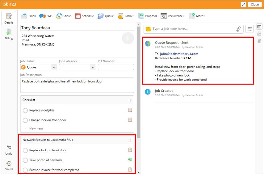 view of the sent Network Request in the job card
