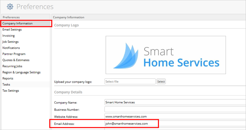 Verifying email address under Preferences > Company Information