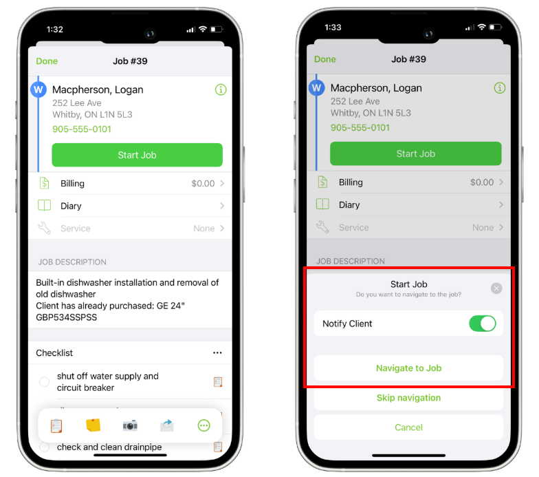 notify client and navigate to job