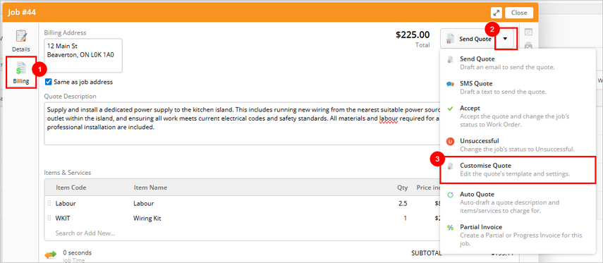 customizing a quote from the billing tab of the job card