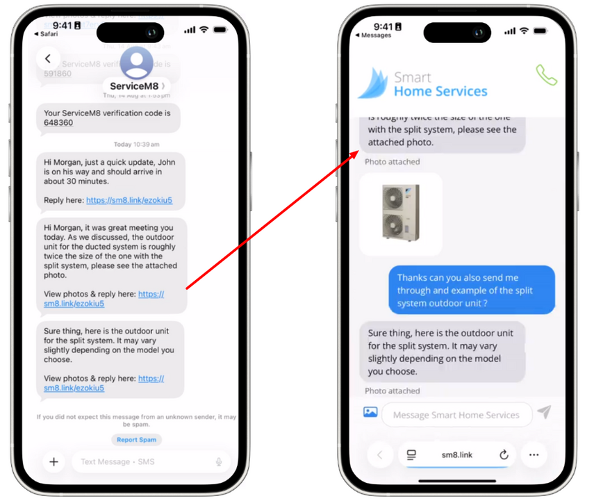 the original text the client receives and how the mobile web portal looks for them