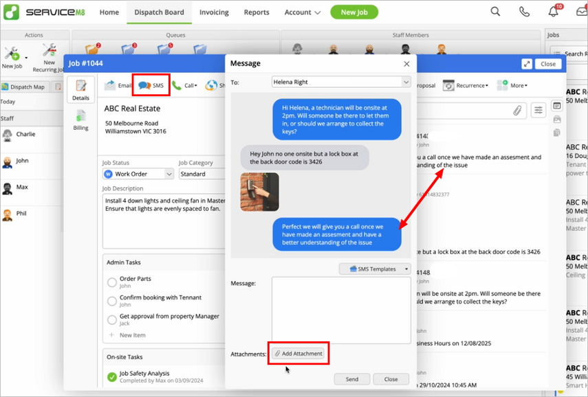 sending an sms from a job card and adding an attachment