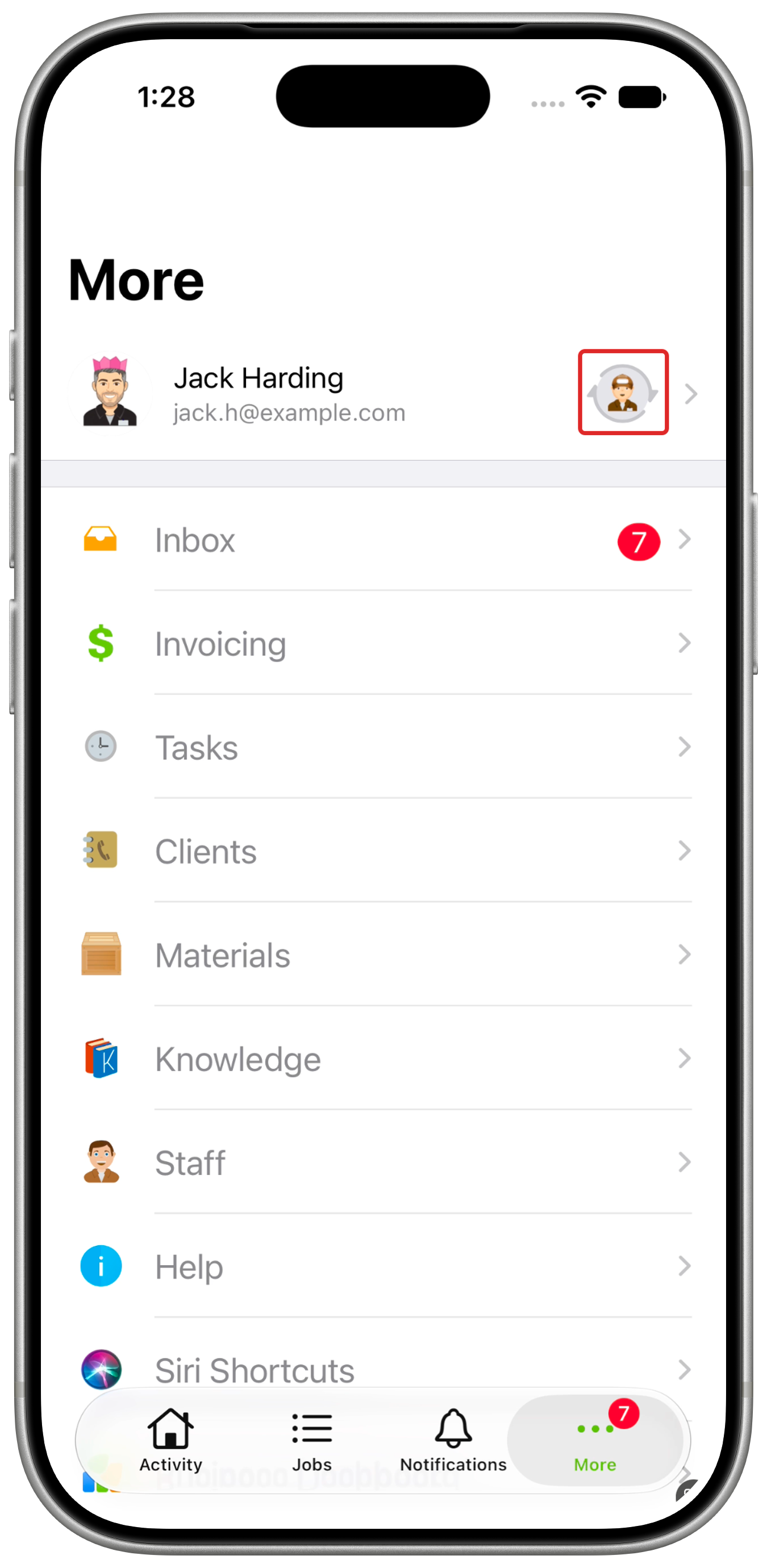 More screen after adding another account, with the quick-switch avatar outlined in red