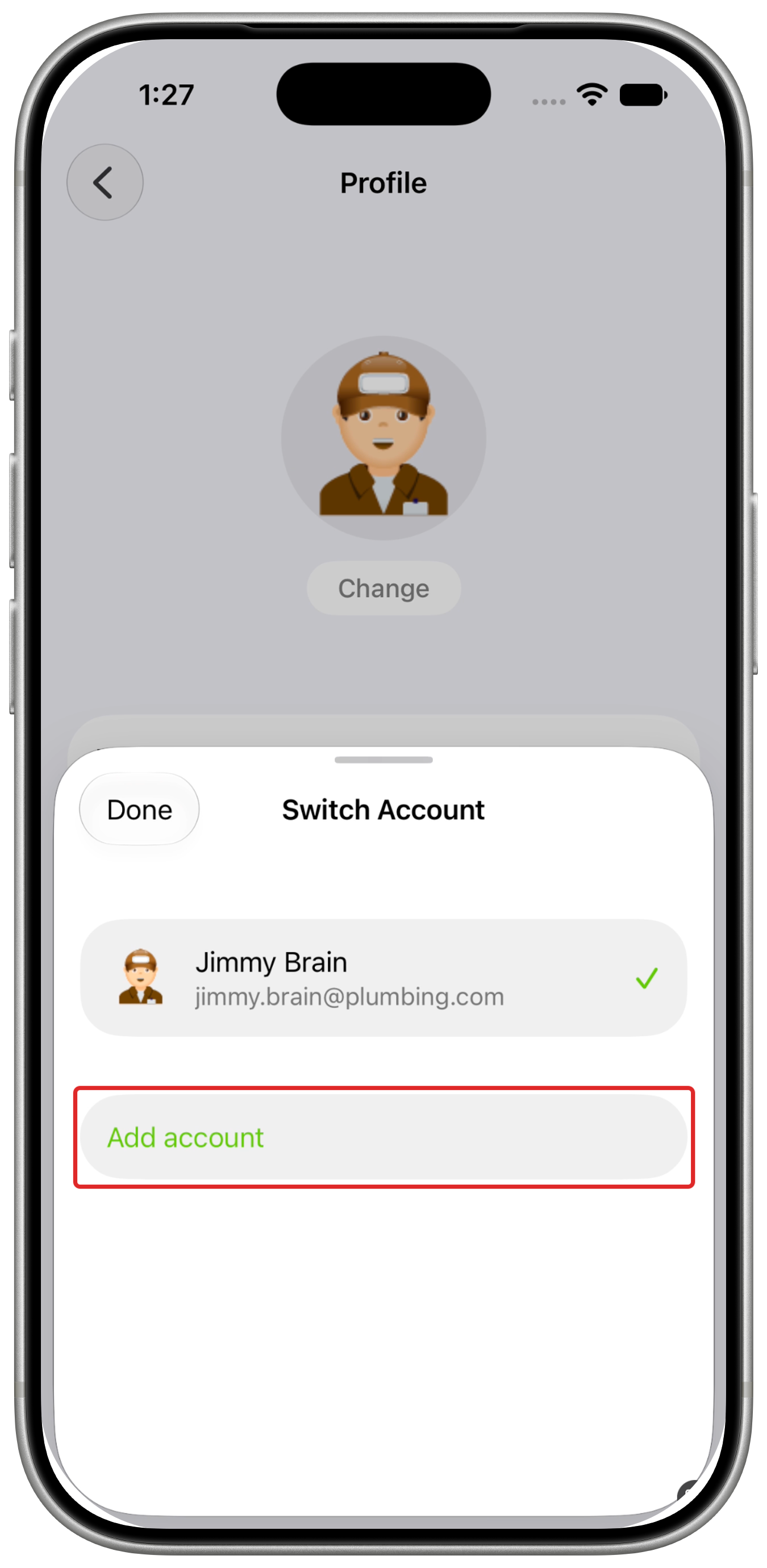 Switch Account sheet with Add account outlined and a checkmark beside the active login