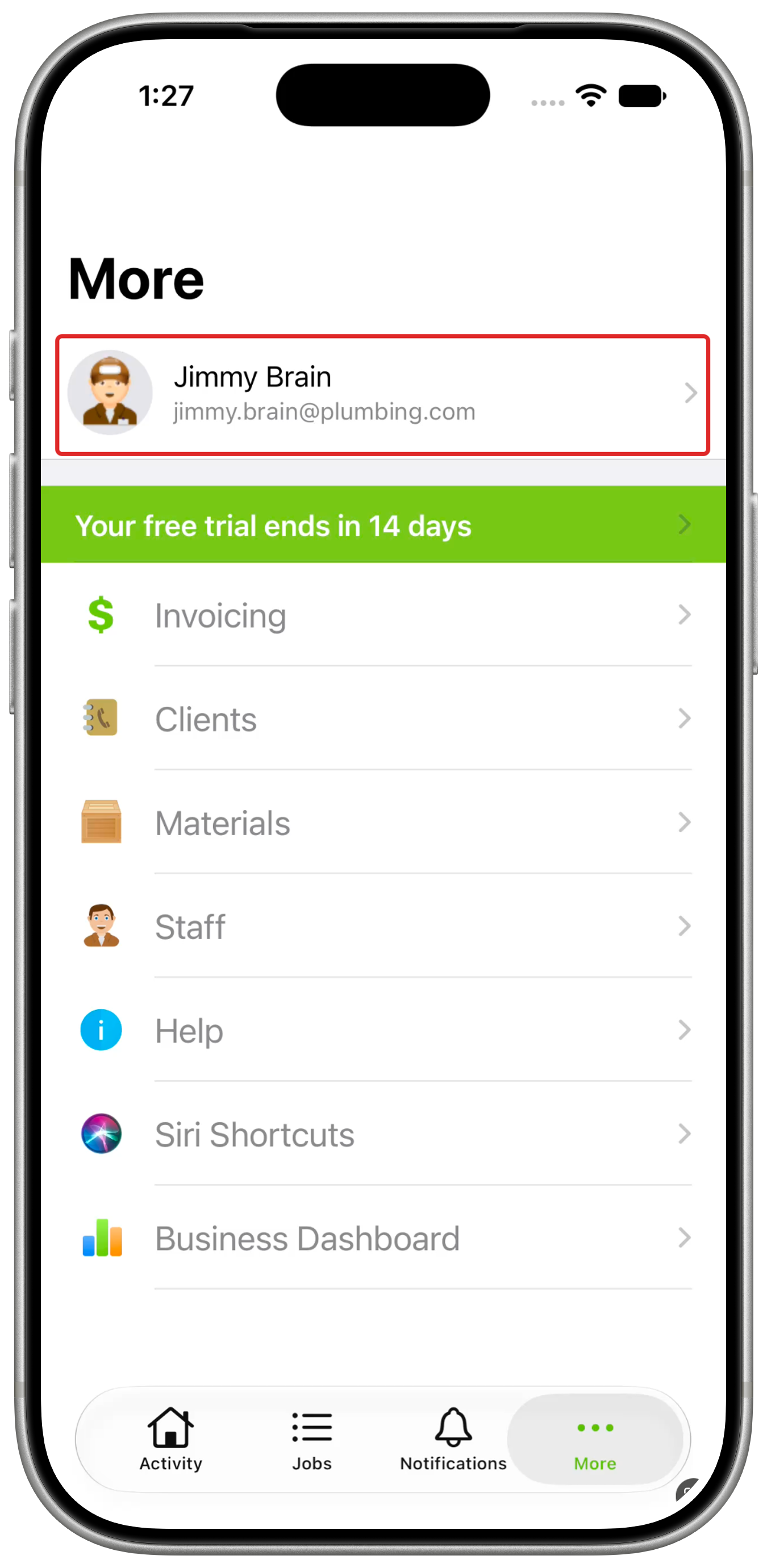 More screen with the staff profile header outlined in red
