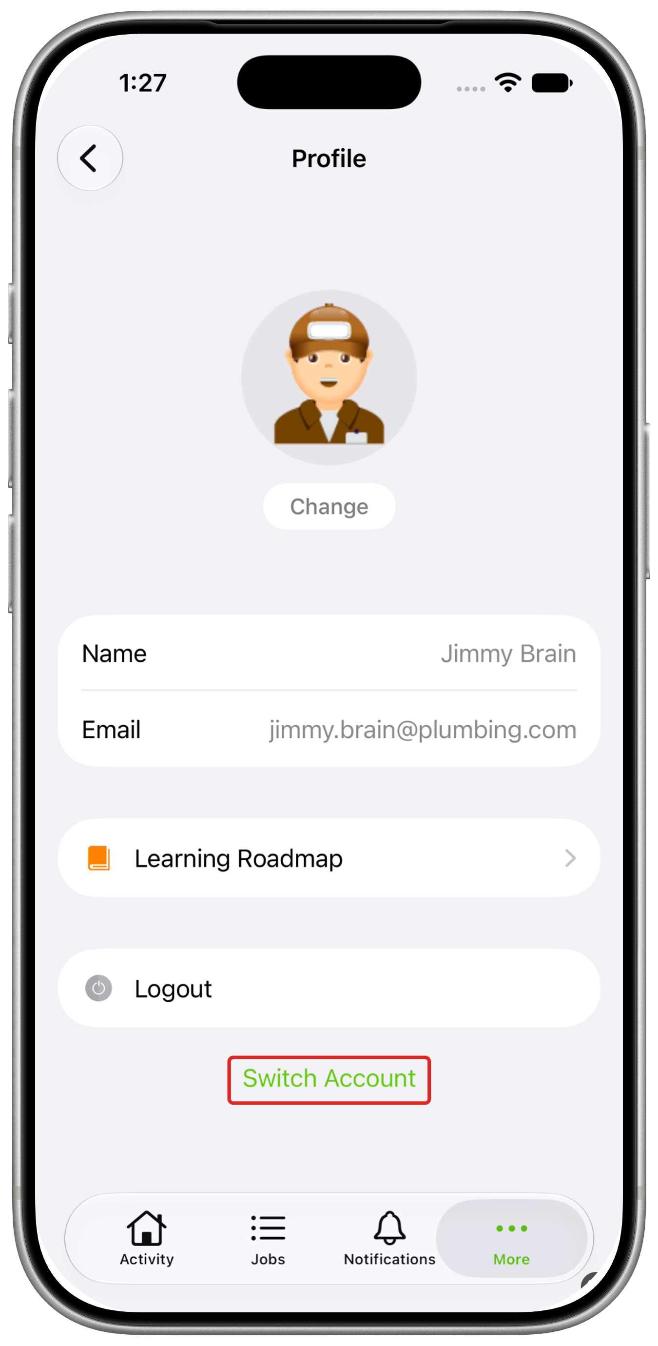 Profile with Switch Account outlined in red