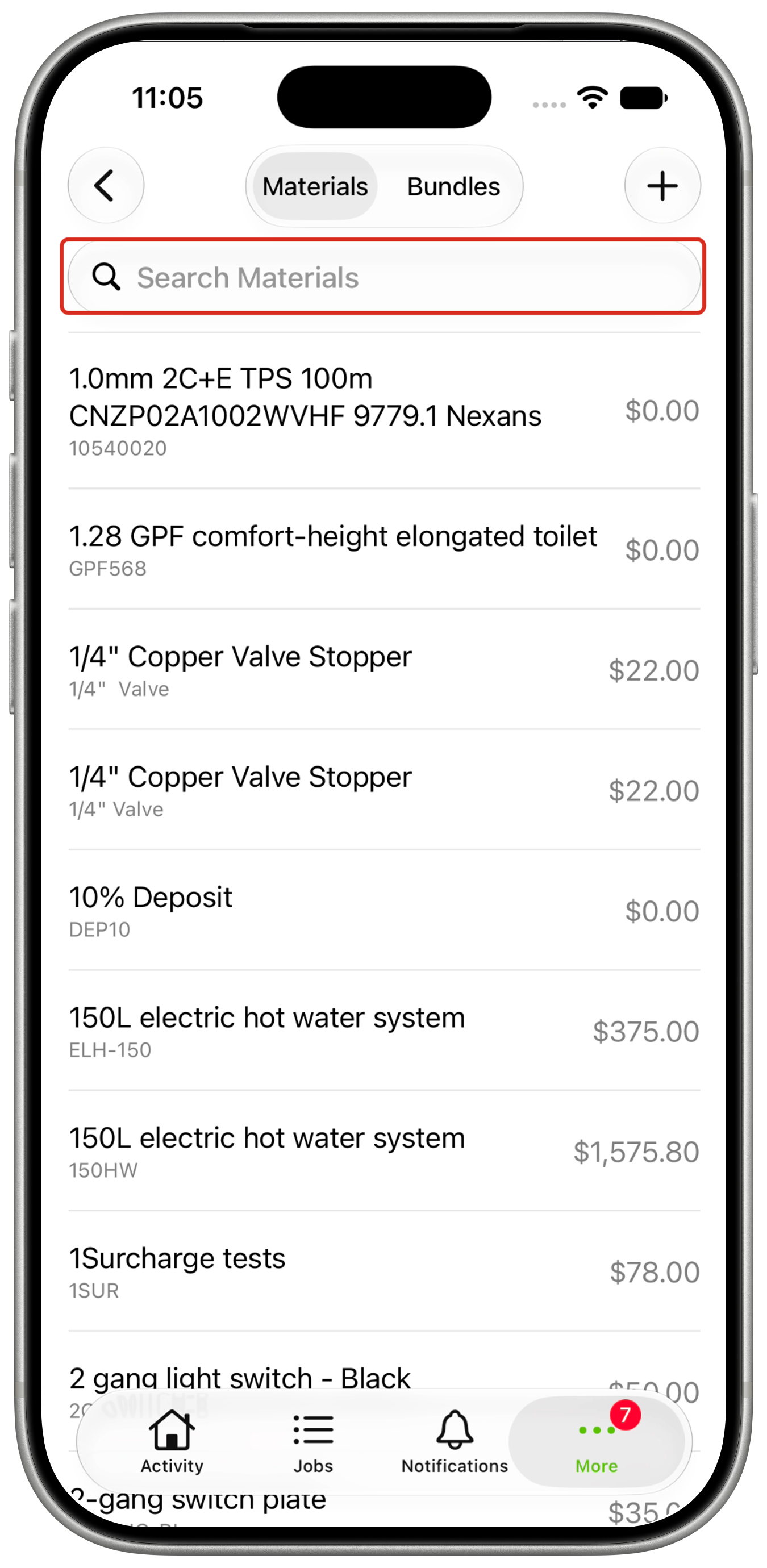 Materials catalogue with Search Materials outlined and the Materials and Bundles selector visible