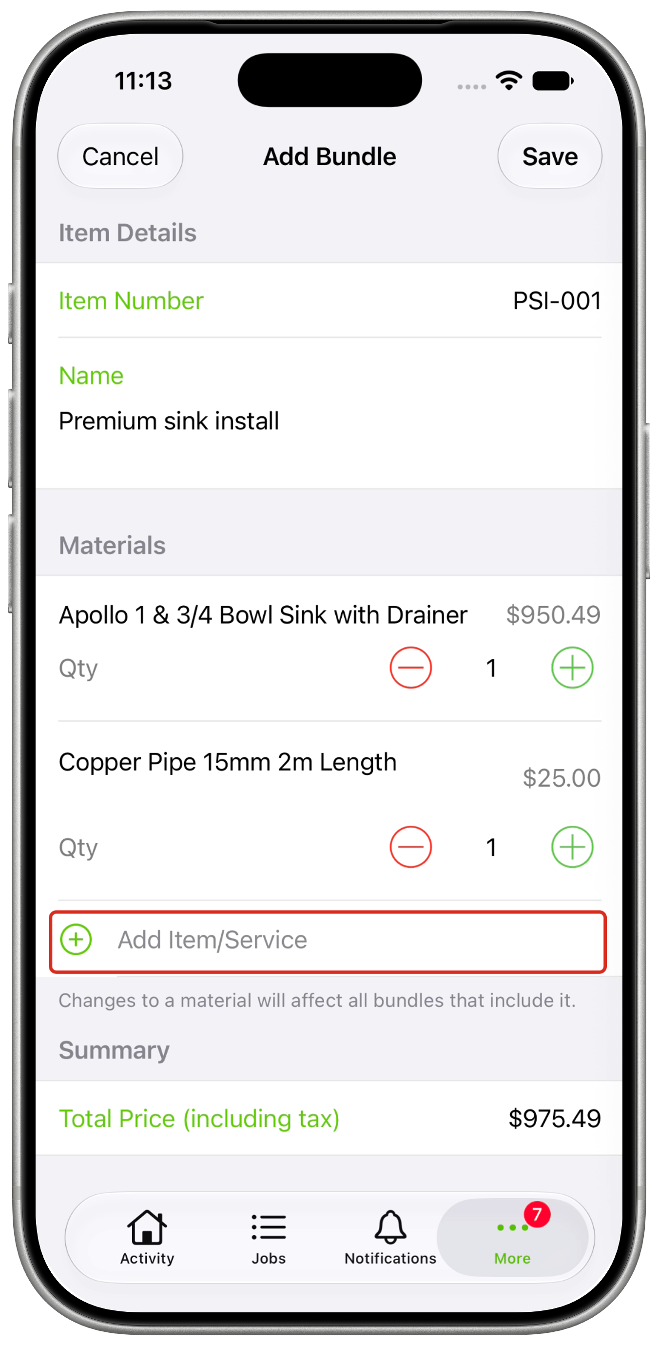 Add Bundle form with two components, quantity controls and a total, with Add Item/Service outlined