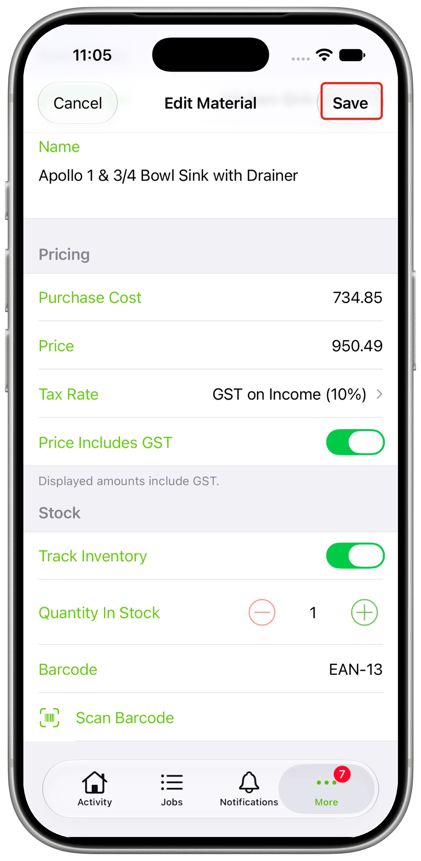 Material editor showing pricing, stock quantity and Barcode, with Save outlined
