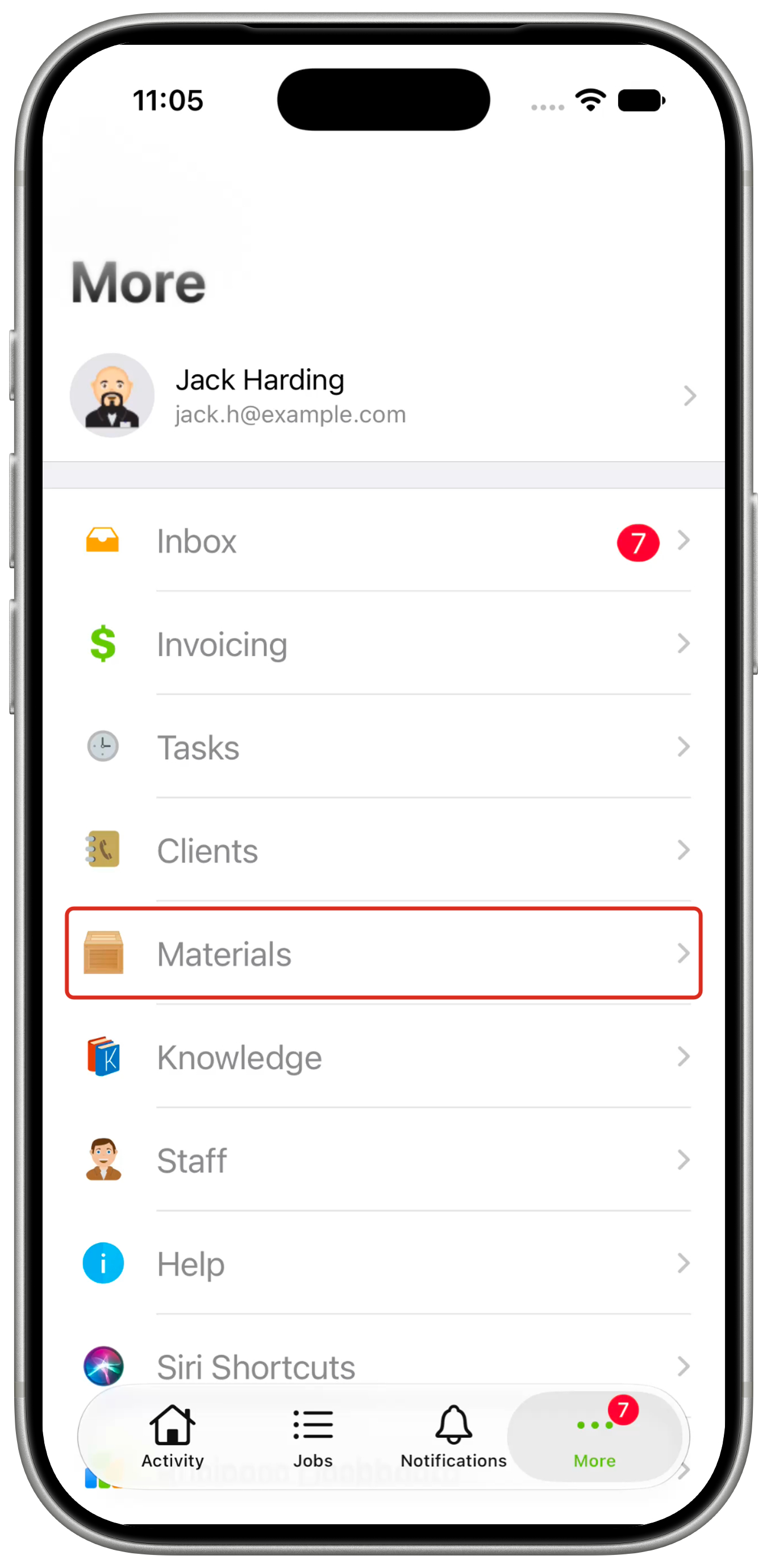 iPhone More menu with Materials outlined below Clients