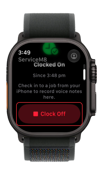Clocked On screen on Apple Watch with the Clock Off button outlined in red.