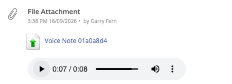 Voice-note attachment with audio playback controls in the Online Dashboard job diary.