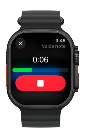 Voice note recording on Apple Watch with the stop button below the recording timer.