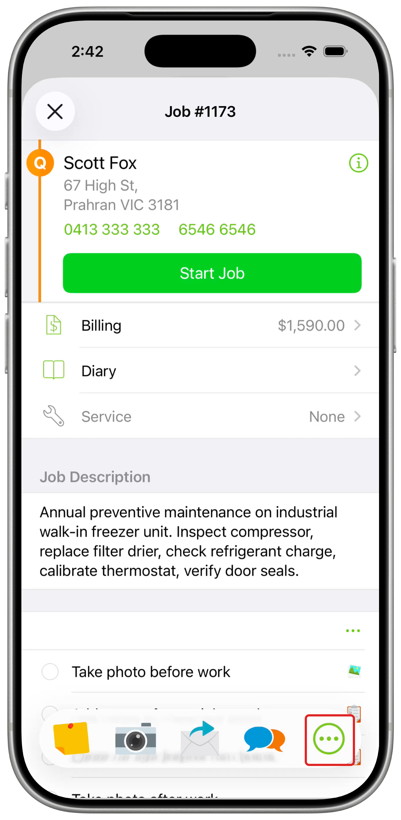 Job card with More outlined in the bottom Job Actions bar